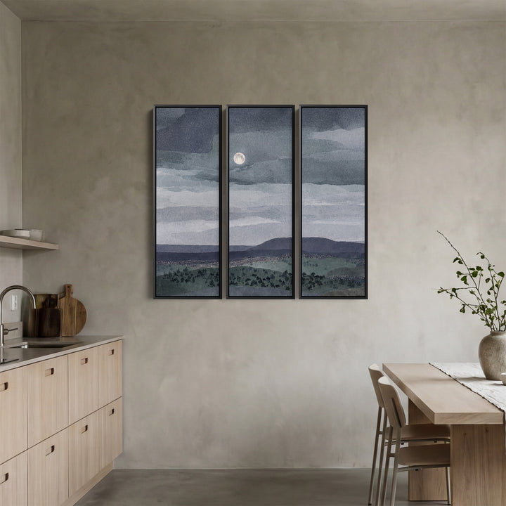Oversized Triptych Wall Art Moonlit Landscape for Living Room