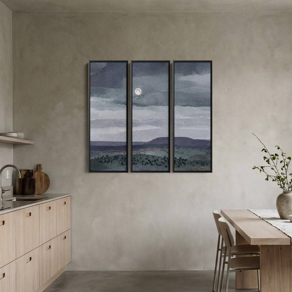 Oversized Triptych Wall Art Moonlit Landscape for Living Room