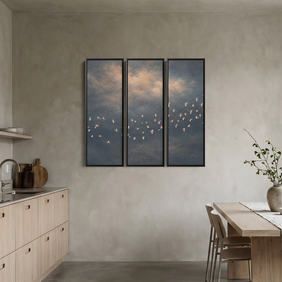 3 Piece Wall Art Set White Birds in Sky for Office