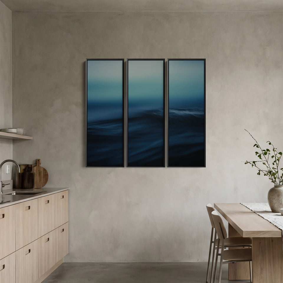 Triptych Wall Art With Blurred Ocean Wave For Bedroom Calm Blue Black Sea