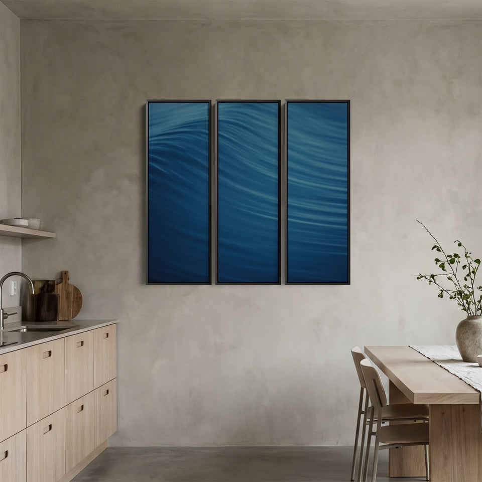 Flowing Blue Abstract Wave Oversized Triptych Wall Art For Hallway