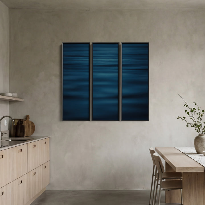 Three Panel Wall Art With Blurred Calm Sea For Office In Deep Blue