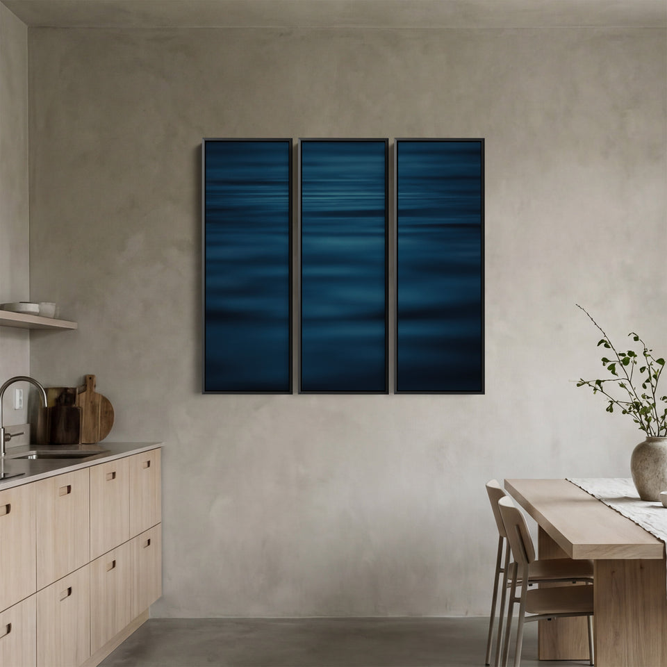 Three Panel Wall Art With Blurred Calm Sea For Office In Deep Blue