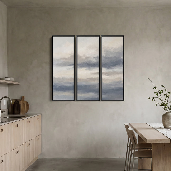 Grey Sky Oversized Triptych Wall Art For Bedroom With Soft Clouds