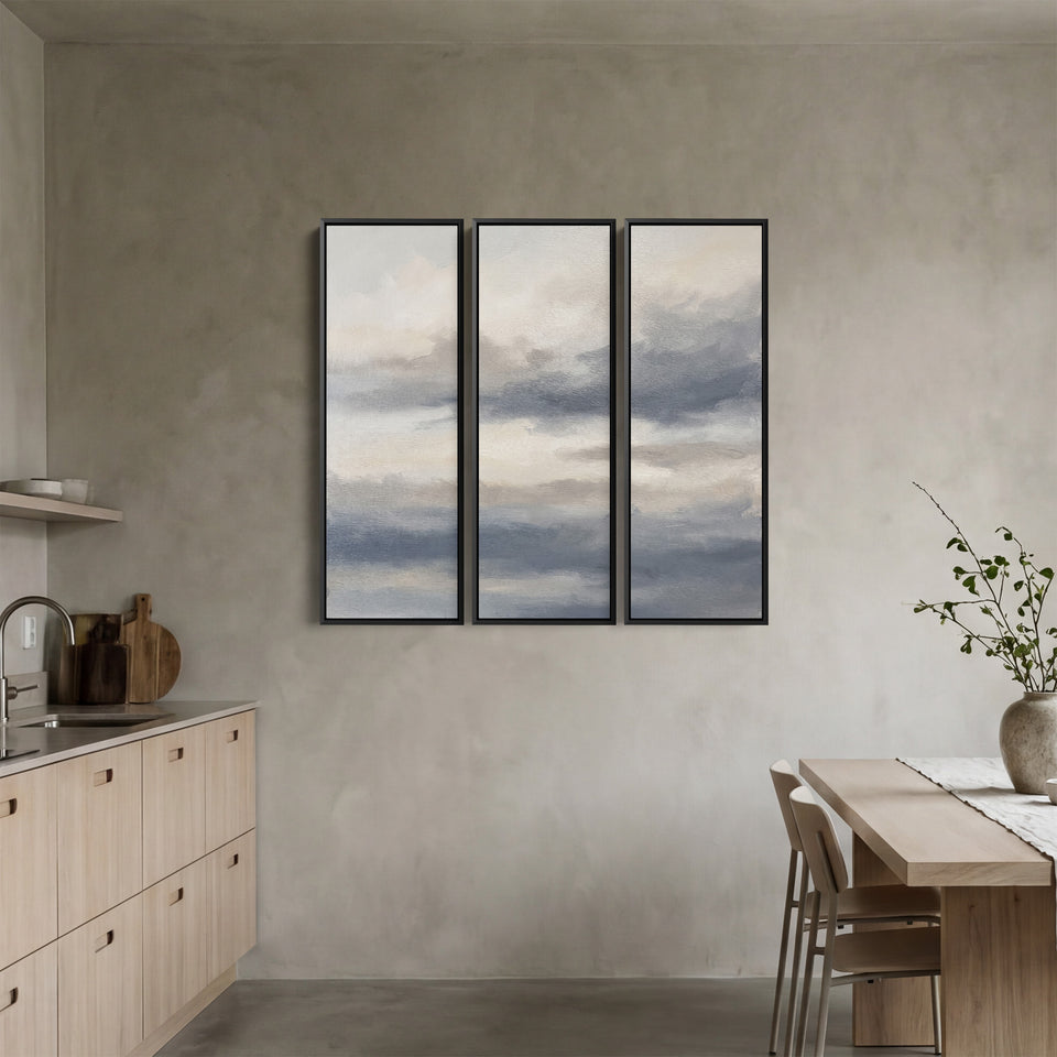 Grey Sky Oversized Triptych Wall Art For Bedroom With Soft Clouds