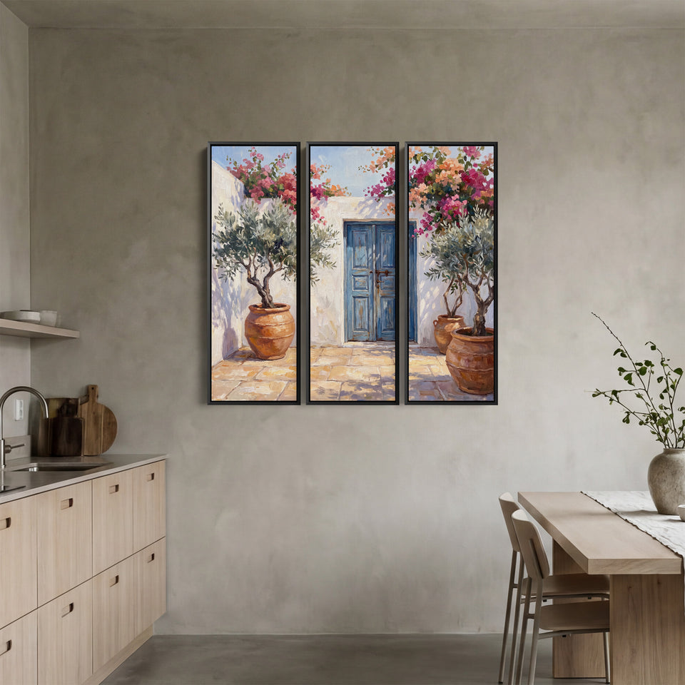 Set Of 3 Wall Art With Blue Doors And Olive Trees For Hallway