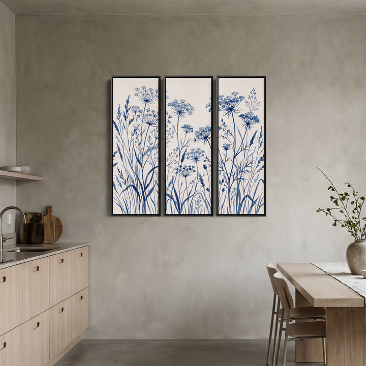 3 Piece Wall Art Set With Blue Wildflowers For Dining Room