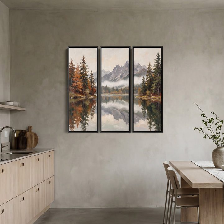 Set Of 3 Wall Art Autumn Lake Reflecting Grey Peaks For A Living Room
