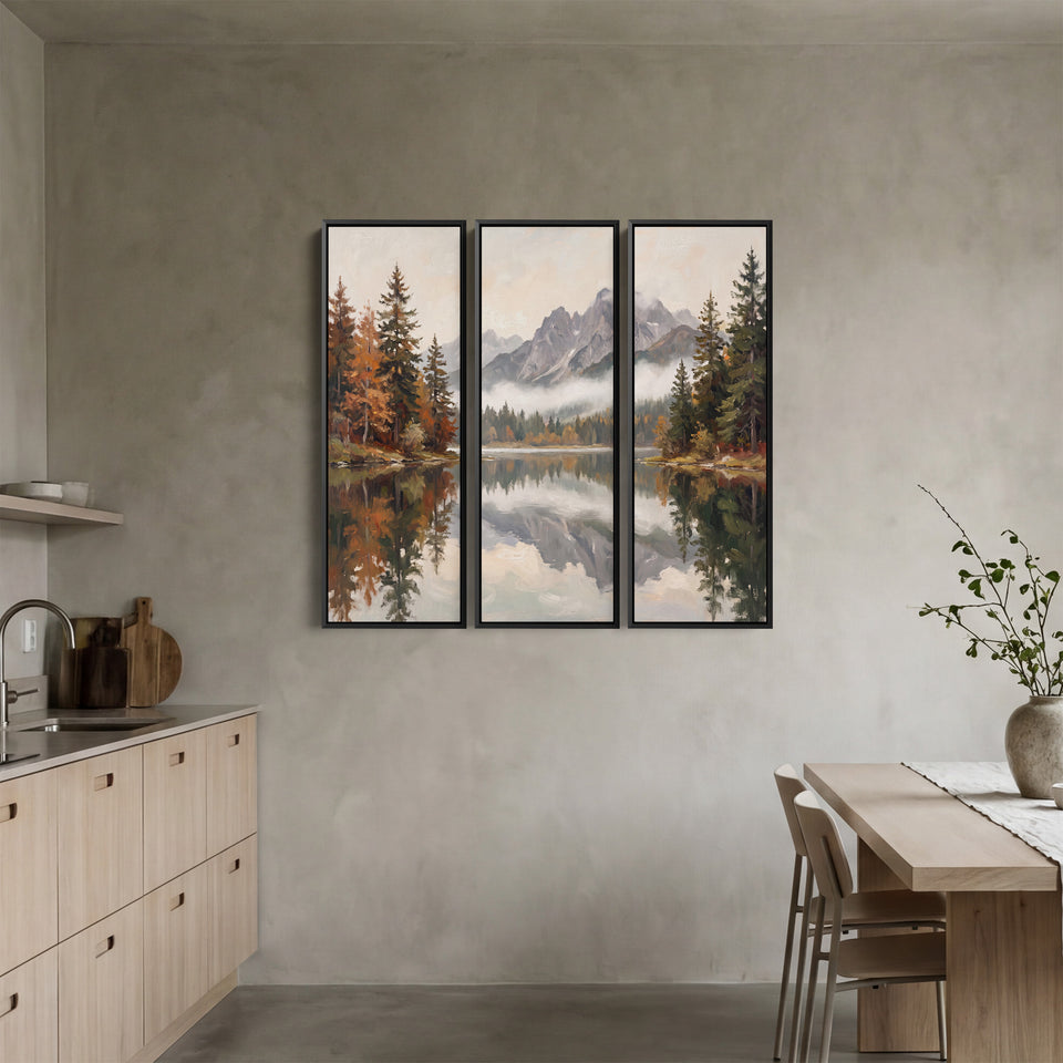 Set Of 3 Wall Art Autumn Lake Reflecting Grey Peaks For A Living Room