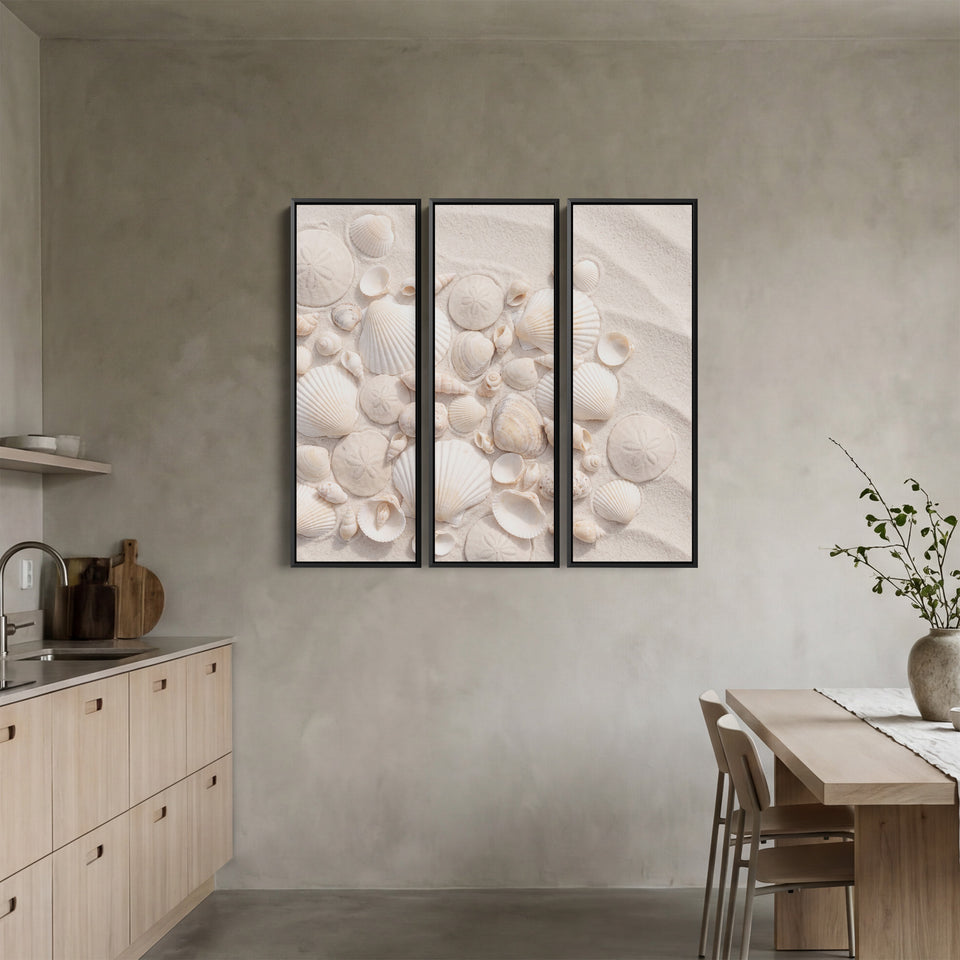 Bedroom Vertical Triptych Wall Art With Scallop Shells And Sand Dollars