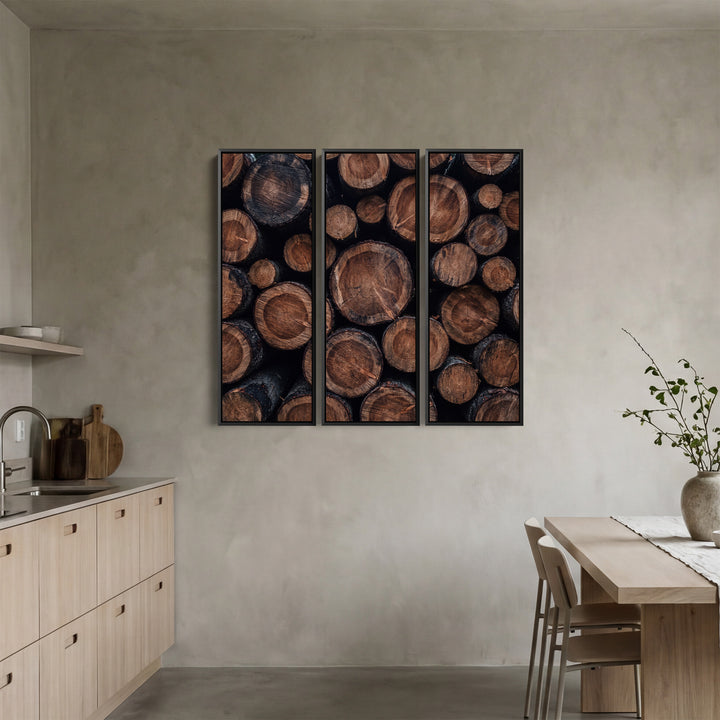 Stacked Log Ends Triptych Wall Art In Brown And Black For A Living Room