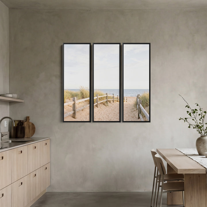 Set Of 3 Wall Art With A Fence Line Leading Down To The Sea For A Hallway
