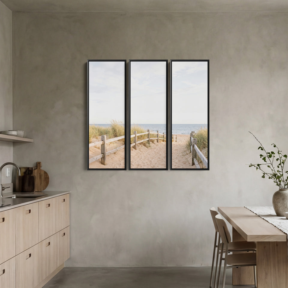 Set Of 3 Wall Art With A Fence Line Leading Down To The Sea For A Hallway
