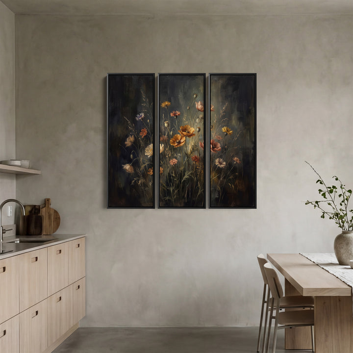 Poppies And Cornflowers On Black Set Of 3 Wall Art For A Dining Room