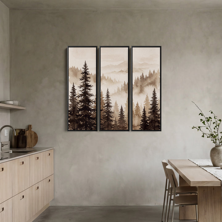 Sepia Spruce Trees Above A Fog Bank Wall Art Set Of 3 For A Hallway