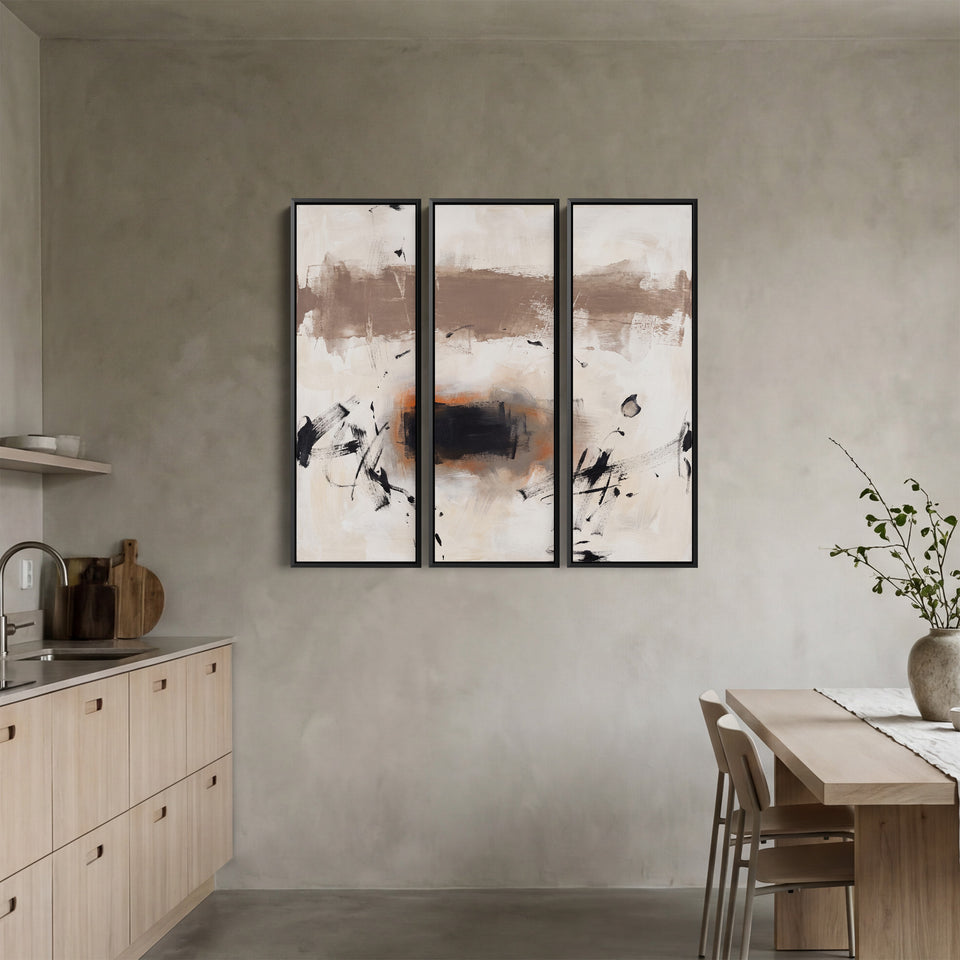 3 Piece Wall Art With A Black Block Ringed In Orange For A Dining Room