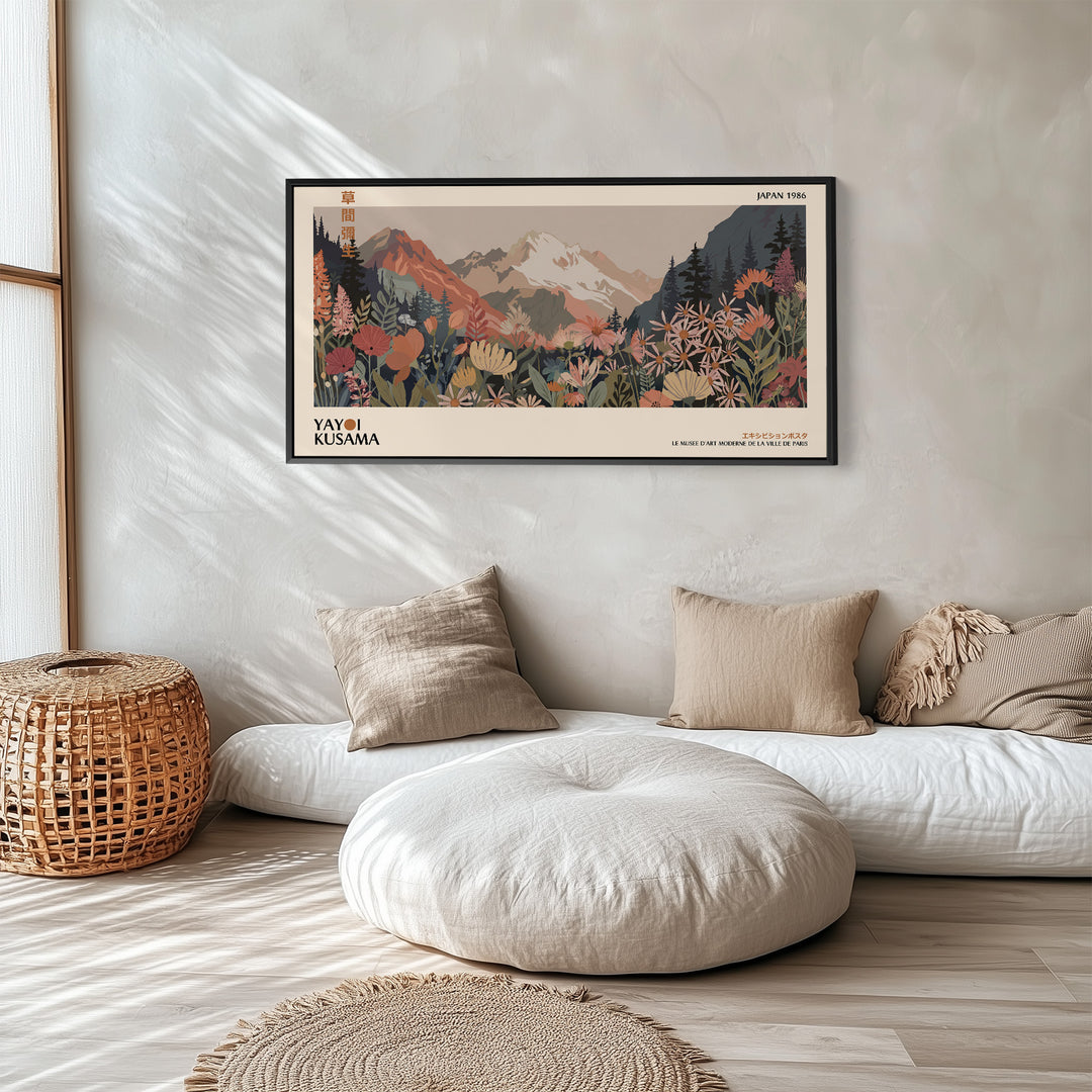 Yayoi Kusama Wide Canvas Mountain Meadow With Flowers Panoramic Canvas Print For Office