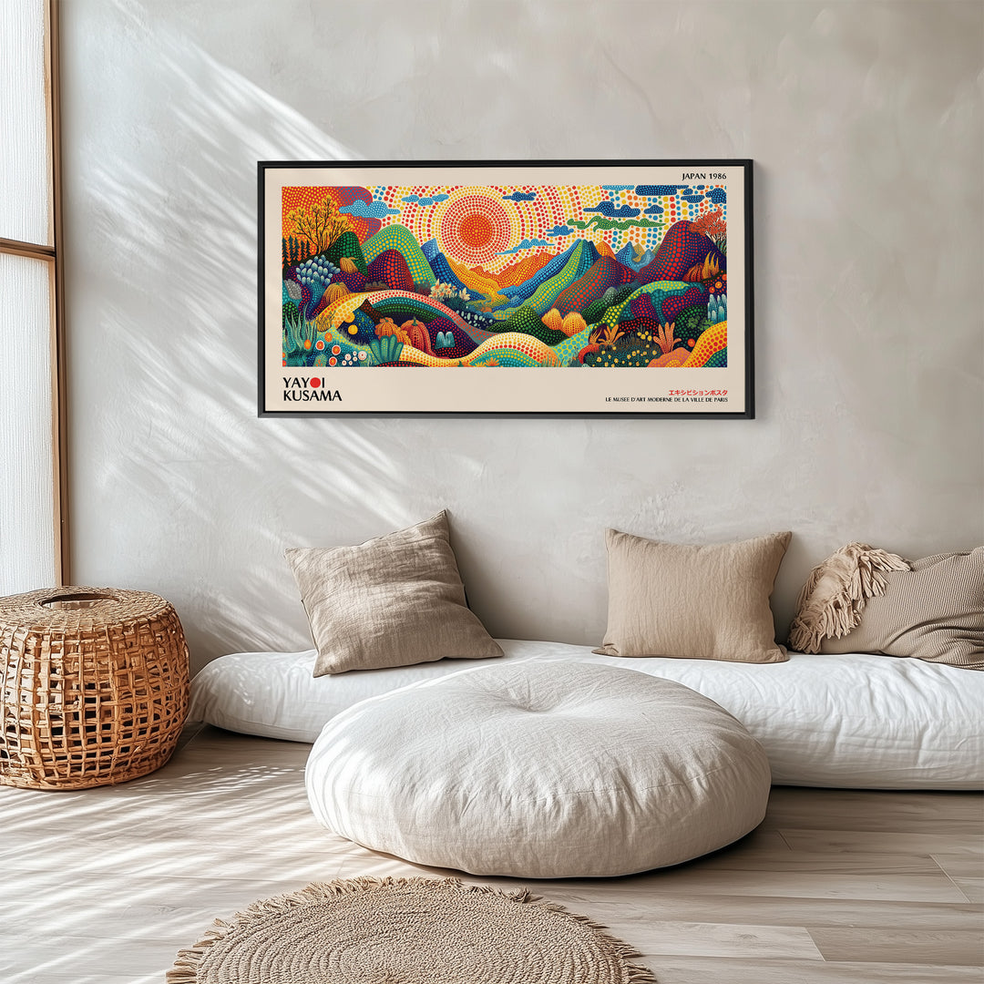 Yayoi Kusama Wide Canvas Dotted Mountain Landscape With Sun Panoramic Canvas Print For Living Room