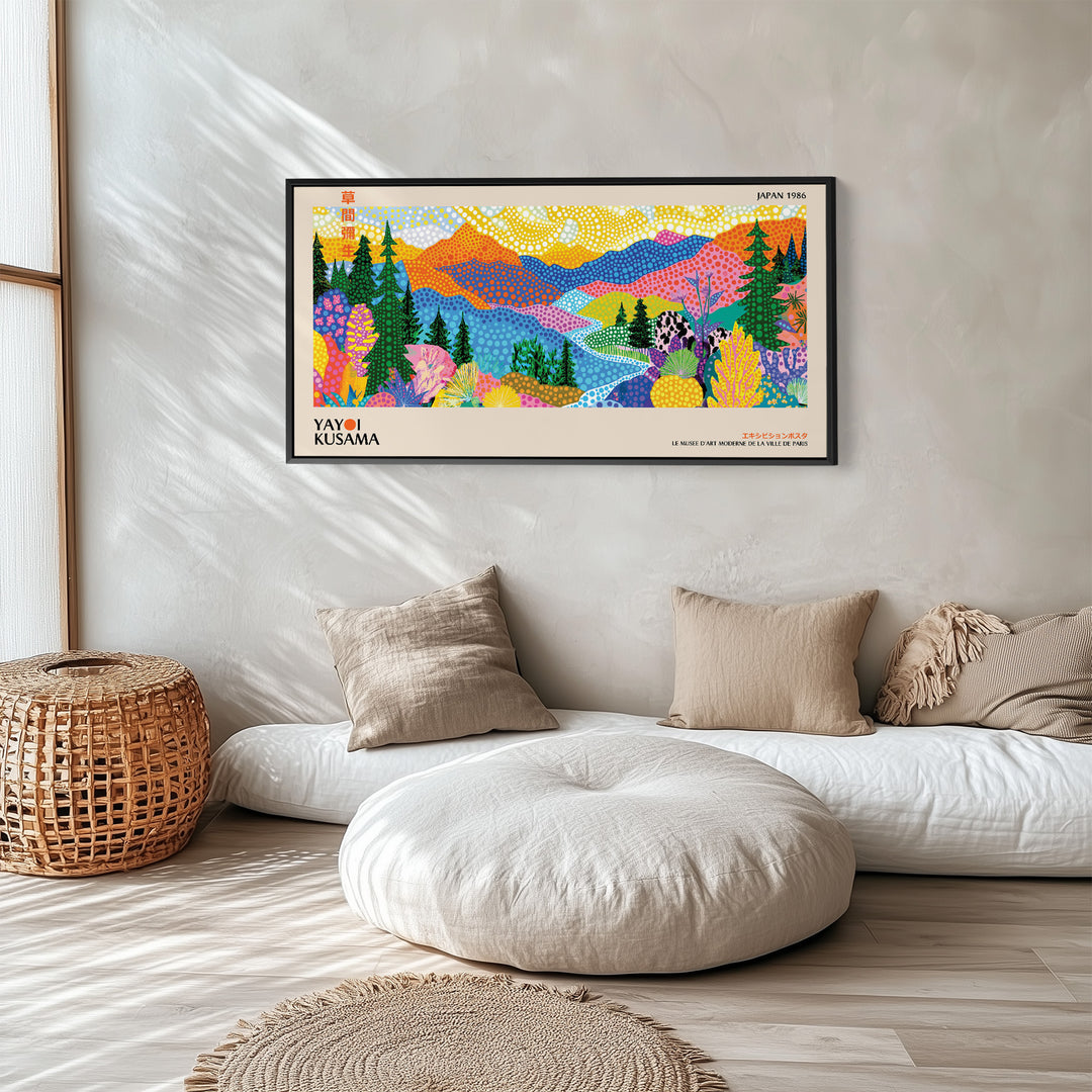 Yayoi Kusama Horizontal Wall Art Colourful Dotted Mountain Landscape Panoramic Canvas Print For Living Room