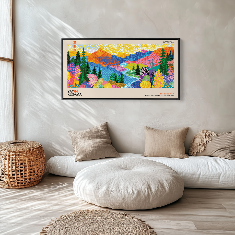 Yayoi Kusama Horizontal Wall Art Colourful Dotted Mountain Landscape Panoramic Canvas Print For Living Room