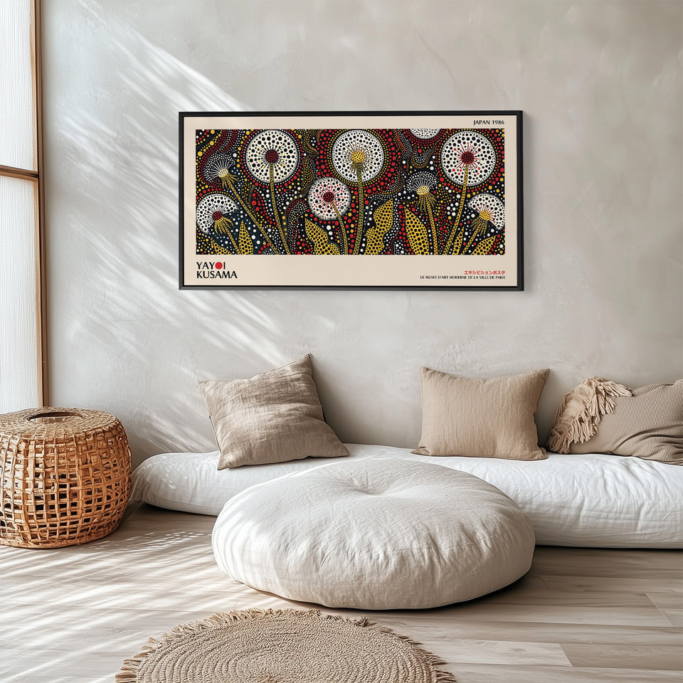 Yayoi Kusama Wide Wall Art Dotted Dandelion Flowers Statement Wall Decor For Bedroom