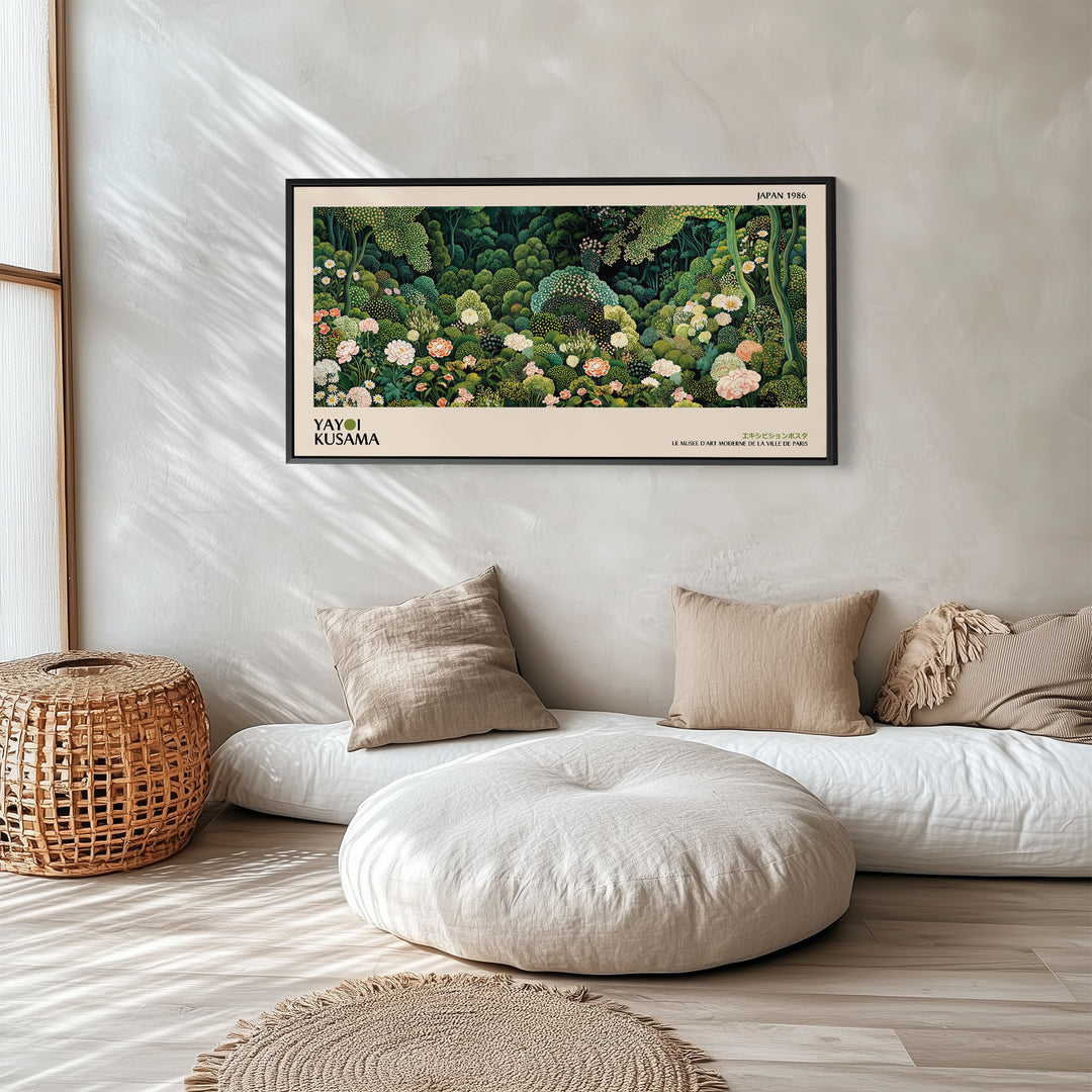 Yayoi Kusama Panoramic Wall Art Dense Green Floral Garden Framed Canvas Print For Living Room