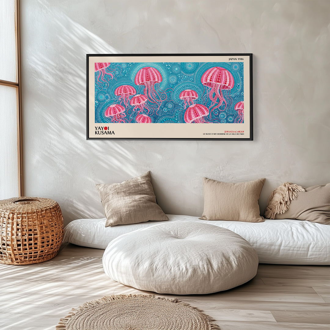 Yayoi Kusama Long Wall Art Pink Jellyfish Pattern Horizontal Canvas Print For Bedroom