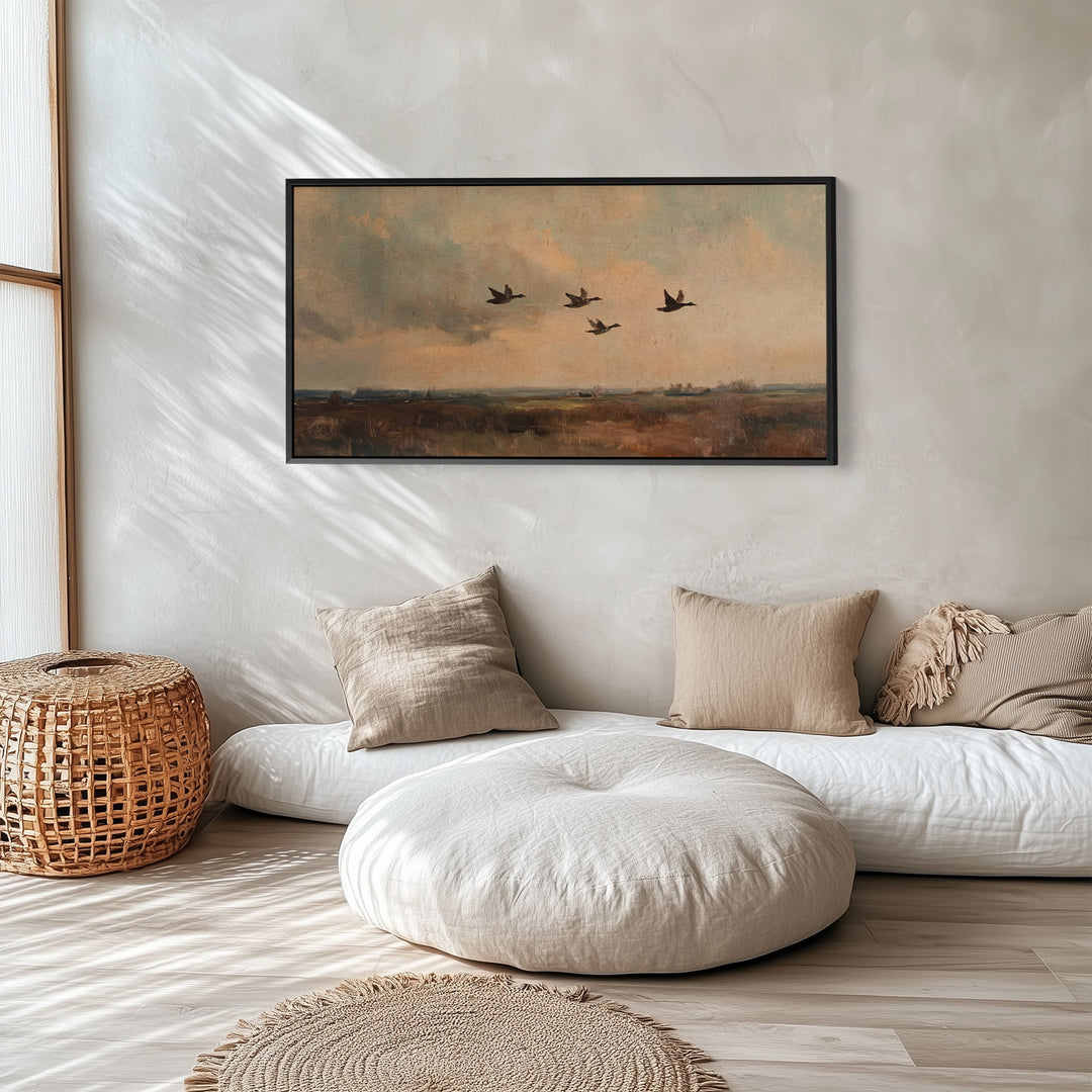 Wide Canvas Flying Ducks Landscape Panoramic Canvas Print For Hallway
