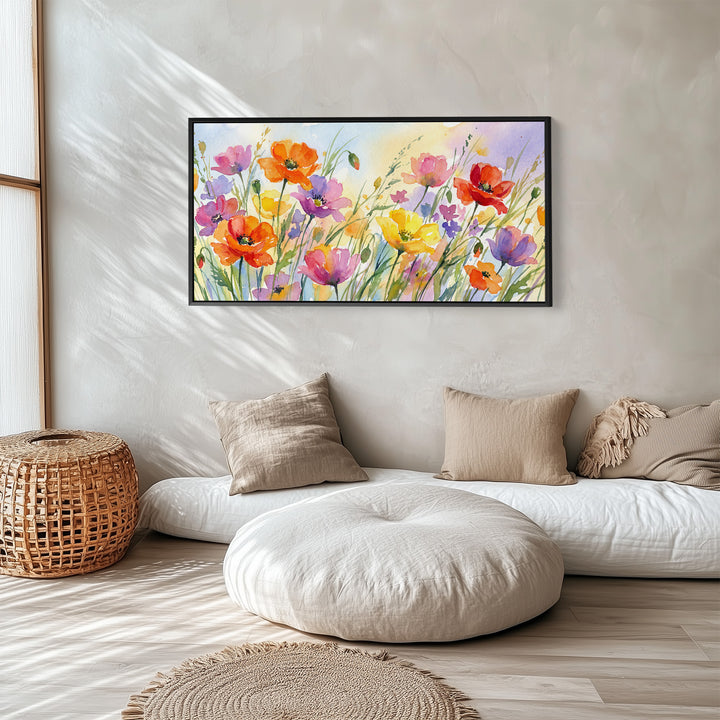 Wide Wall Art Wildflower Meadow Horizontal Canvas Print For Bedroom