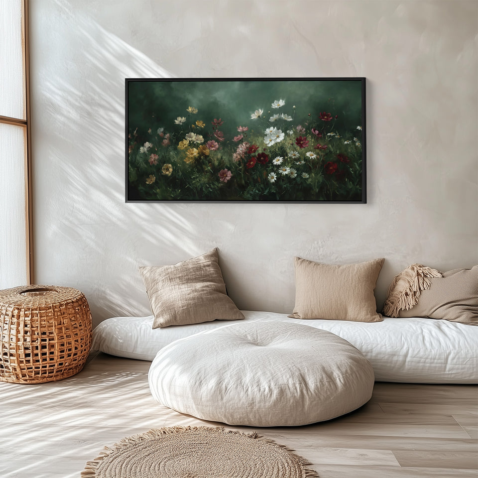 Panoramic Wall Art Mixed Garden Flowers Framed Canvas Print For Kitchen