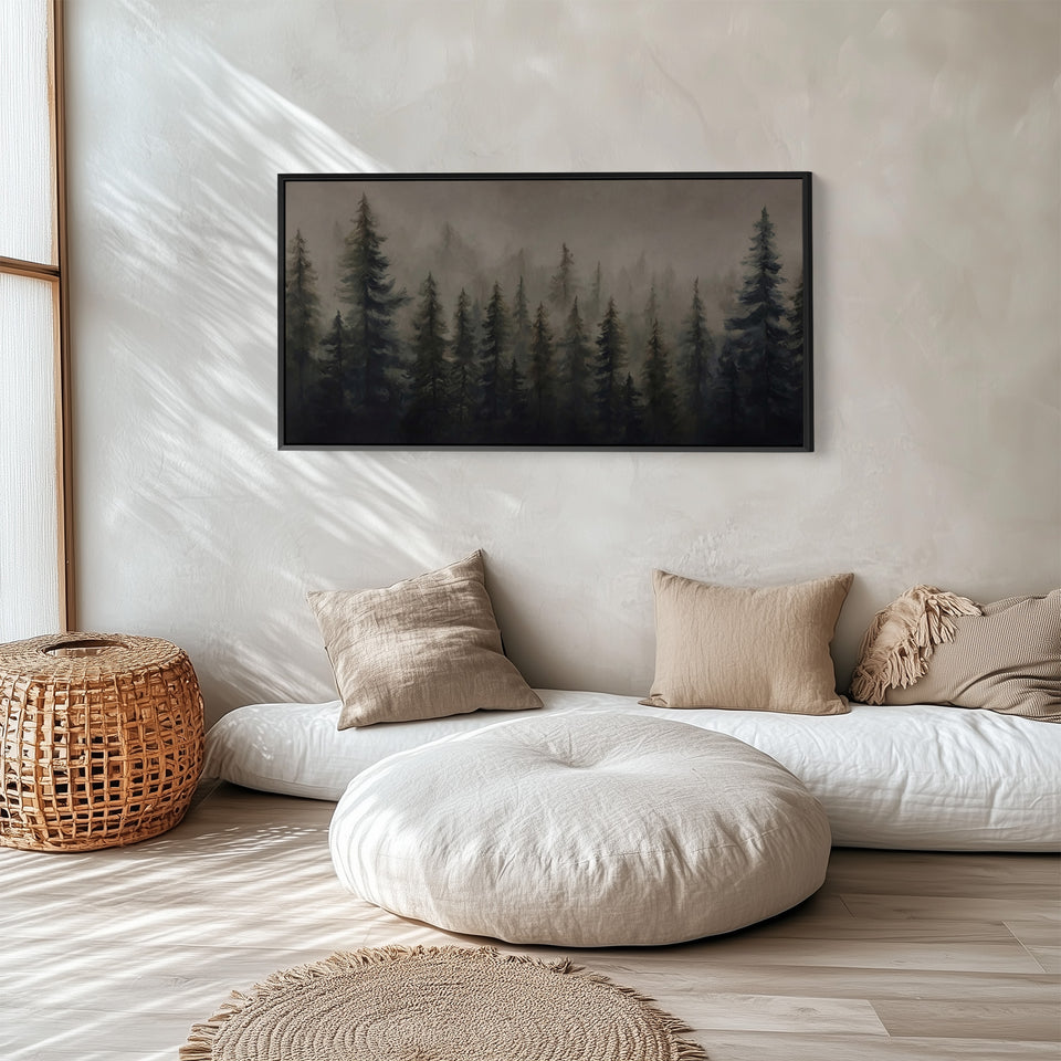 Large Wall Art Misty Pine Forest Panoramic Canvas Print For Office