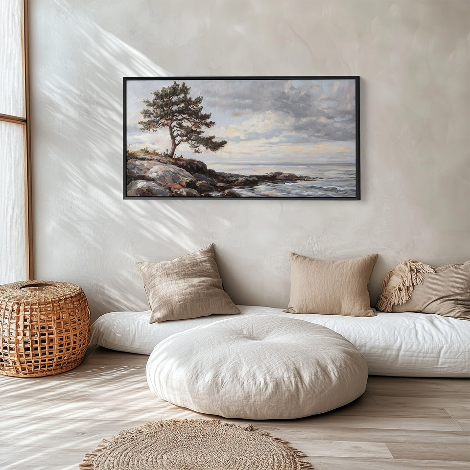 Wide Framed Canvas Coastal Tree And Sea Oversized Wall Decor For Hallway
