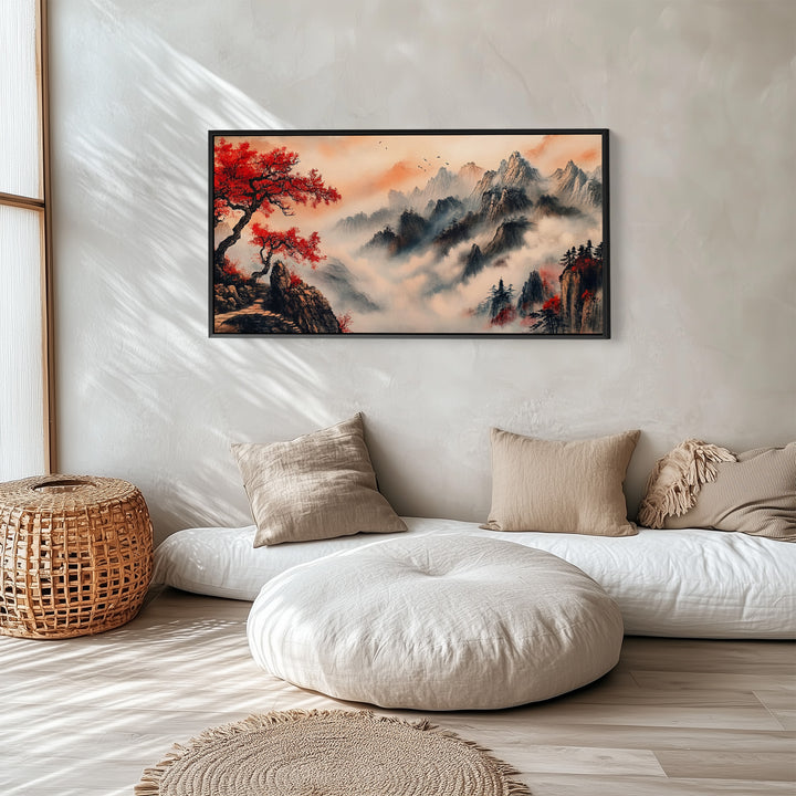 Long Wall Art Red Tree Mountain Landscape Panoramic Canvas Print For Living Room
