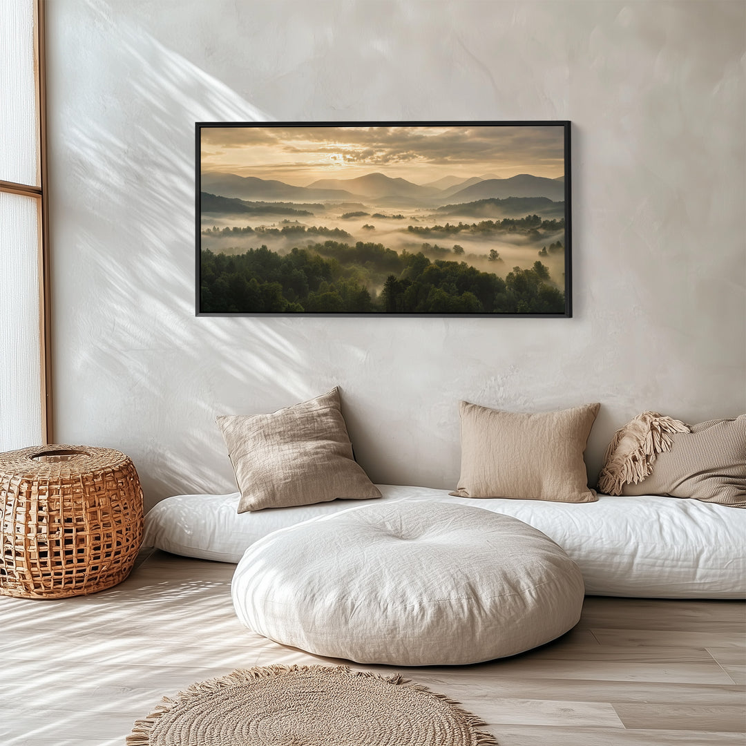 Wide Wall Art Misty Valley Sunrise Horizontal Canvas Print For Office
