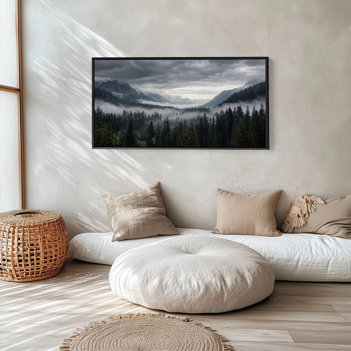 Large Wall Art Mountain Forest With Fog Extra Wide Canvas For Living Room