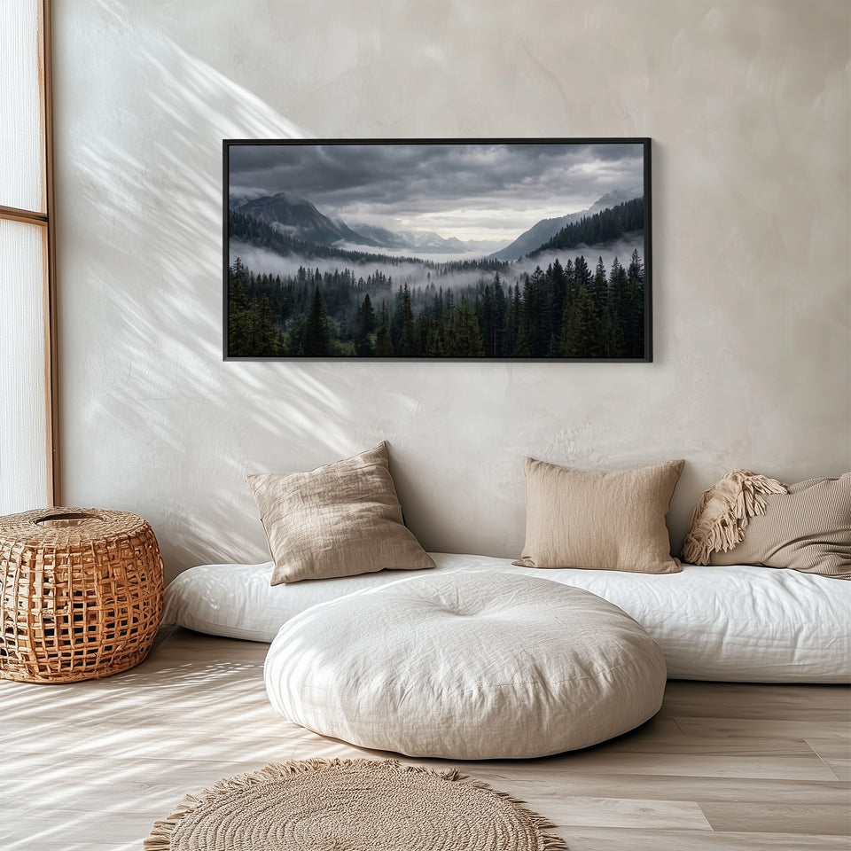 Large Wall Art Mountain Forest With Fog Extra Wide Canvas For Living Room