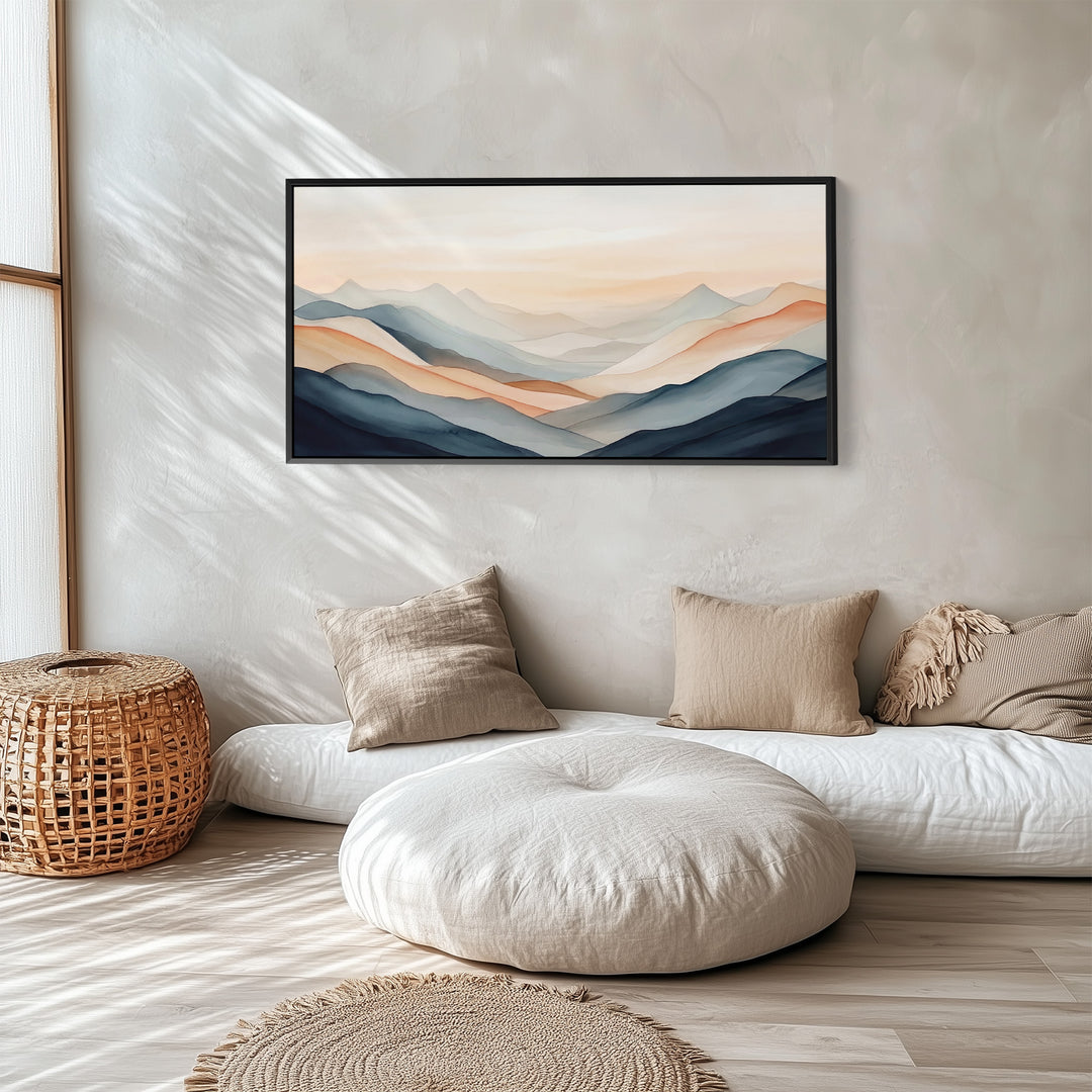 Layered Mountains Above Bed Wall Art Panoramic Canvas Print Living Room