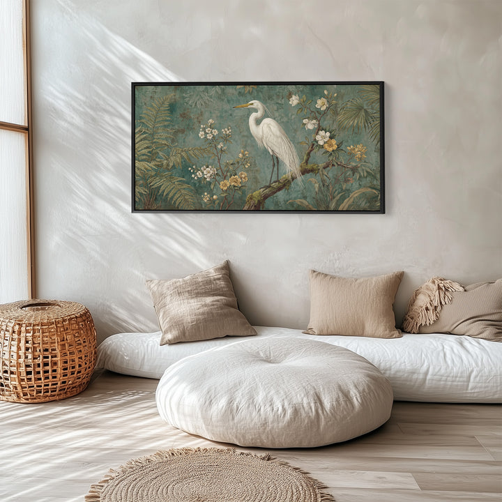 White Heron Horizontal Wall Art Framed Canvas Print For Bedroom