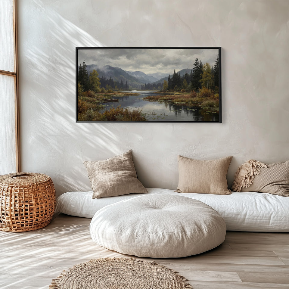 Mountain Lake Above Bed Wall Art Panoramic Canvas Print For Living Room
