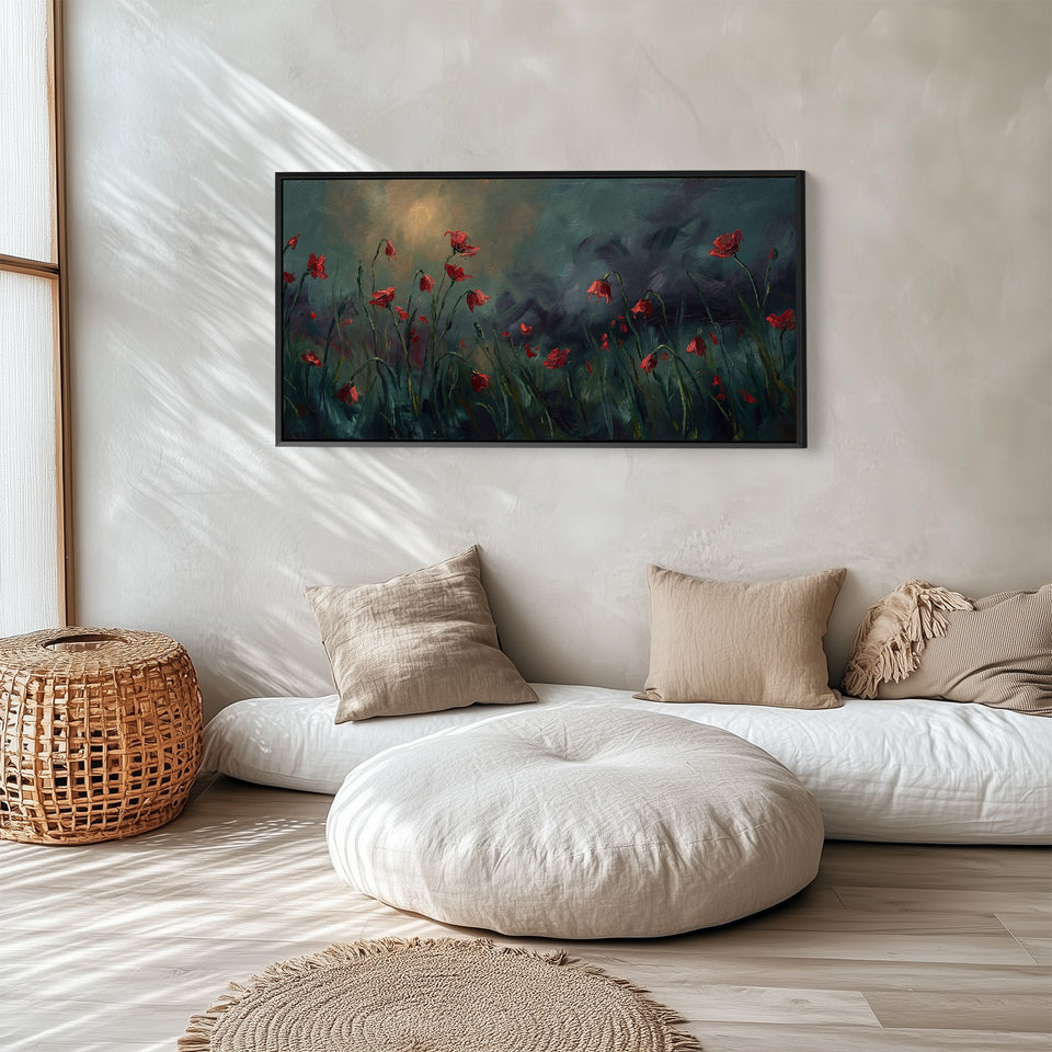Red Poppies Panoramic Wall Art Horizontal Canvas Print For Bedroom