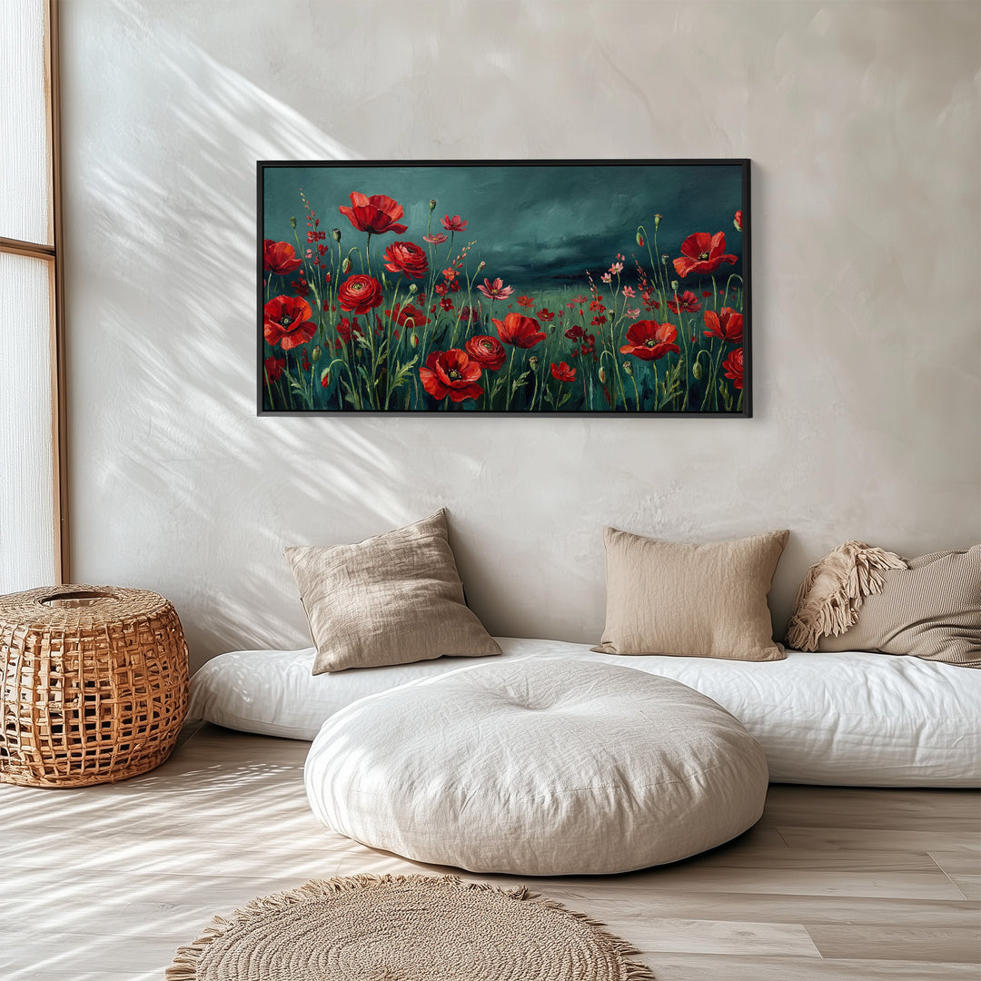 Blooming Poppy Field Wide Framed Canvas Statement Wall Decor For Living Room