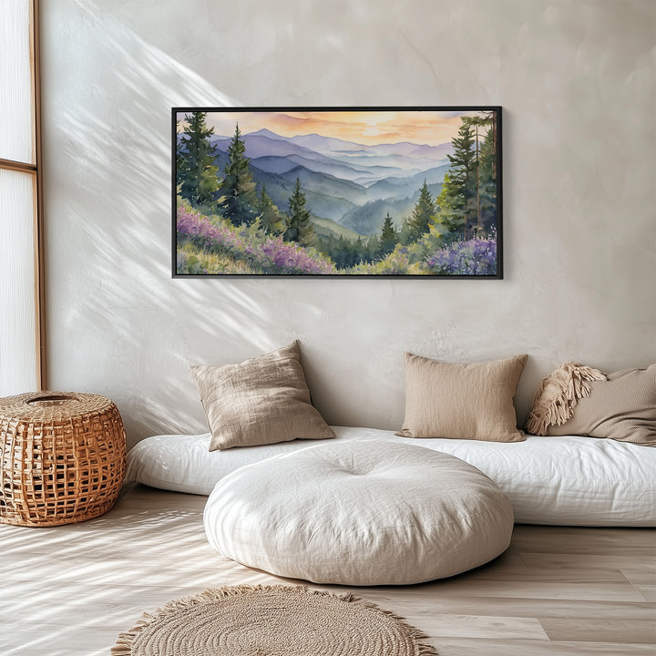 Mountain Valley Landscape Horizontal Wall Art Panoramic Canvas Print For Office