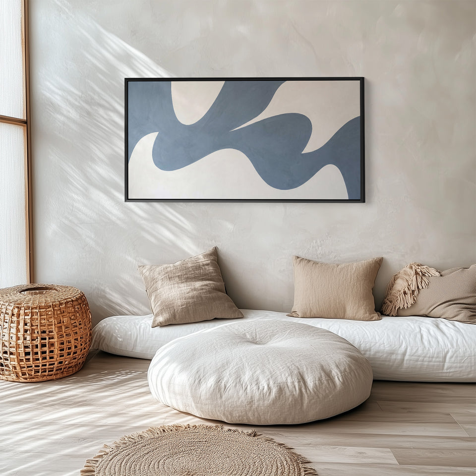 Blue Abstract Flowing Shape Horizontal Wall Art Framed Canvas Print For Living Room