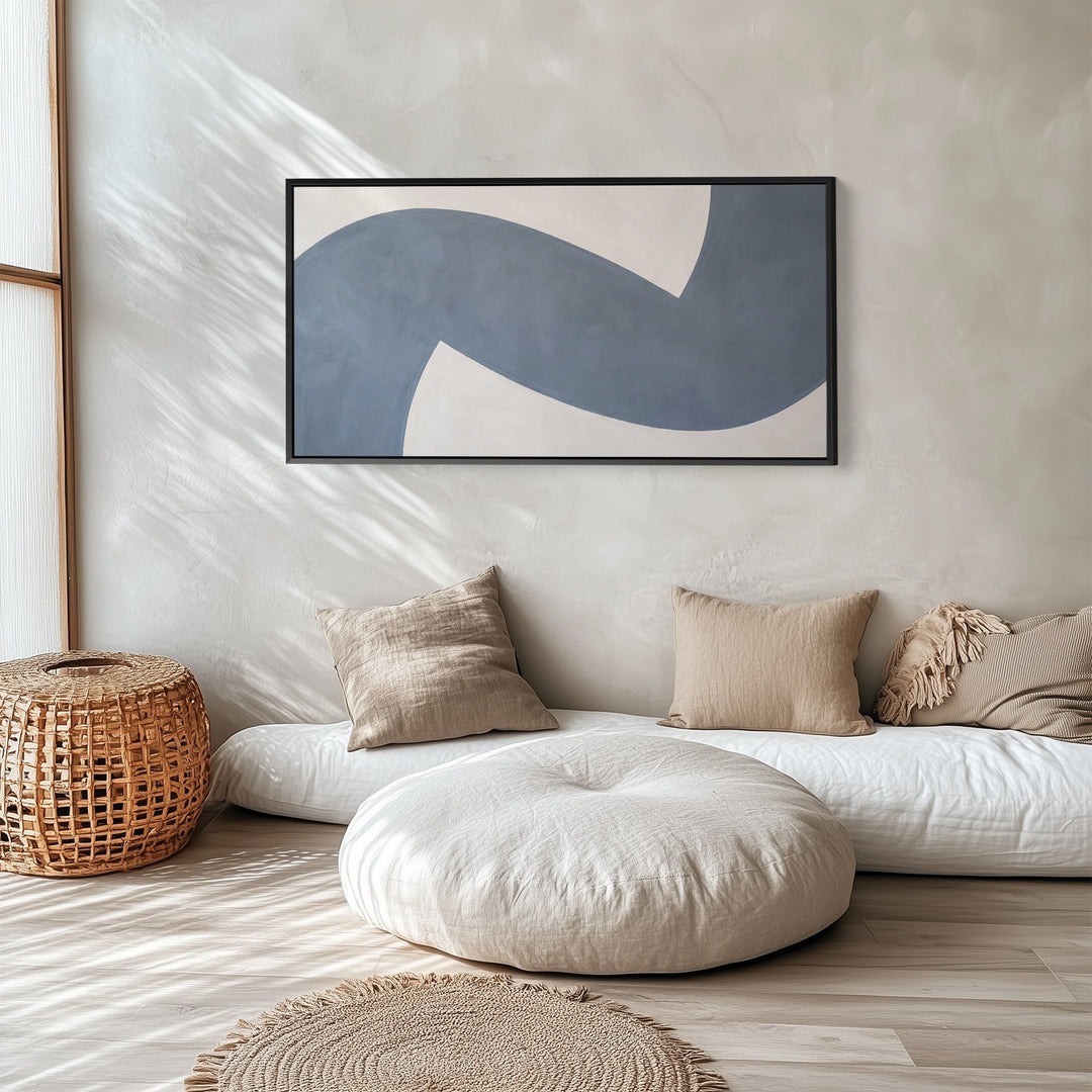 Blue Curved Abstract Form Above Bed Wall Art Horizontal Canvas Print For Bedroom