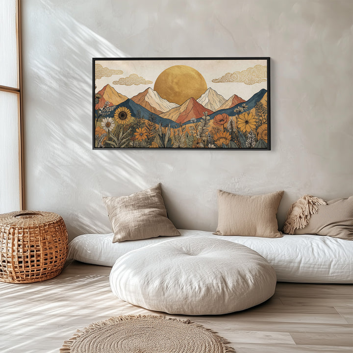 Stylised Mountain And Sun Large Wall Art Oversized Wall Decor For Living Room