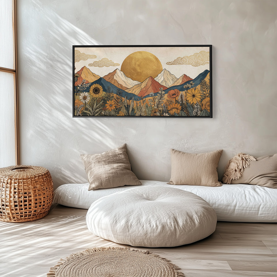 Stylised Mountain And Sun Large Wall Art Oversized Wall Decor For Living Room