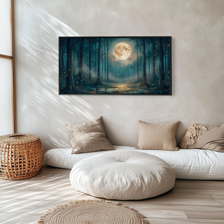 Moonlit Forest Panoramic Wall Art Horizontal Canvas Print For Bedroom