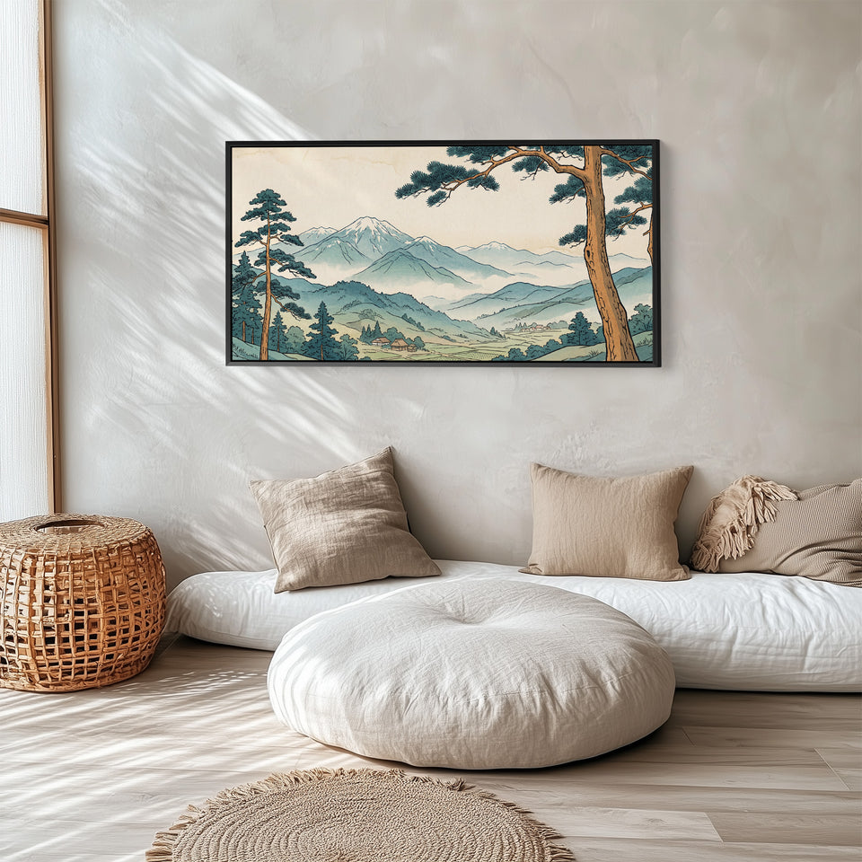 Japanese Mountain Landscape Wide Framed Canvas For Office
