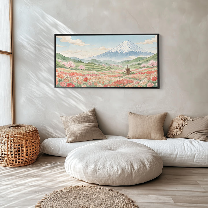 Mount Fuji Flower Field Long Wall Art Extra Wide Canvas For Living Room