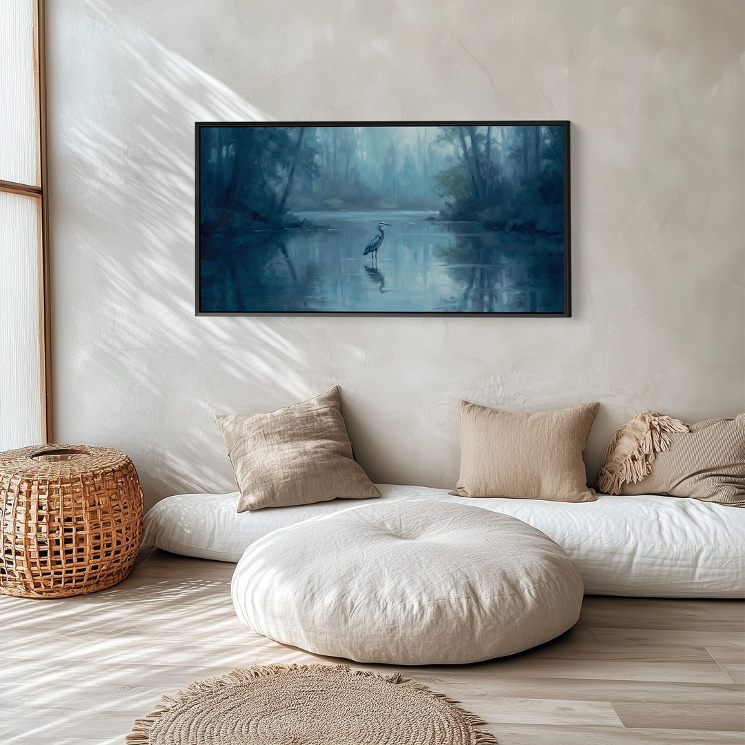 Misty Lake Heron Above Bed Wall Art Statement Wall Decor For Bedroom